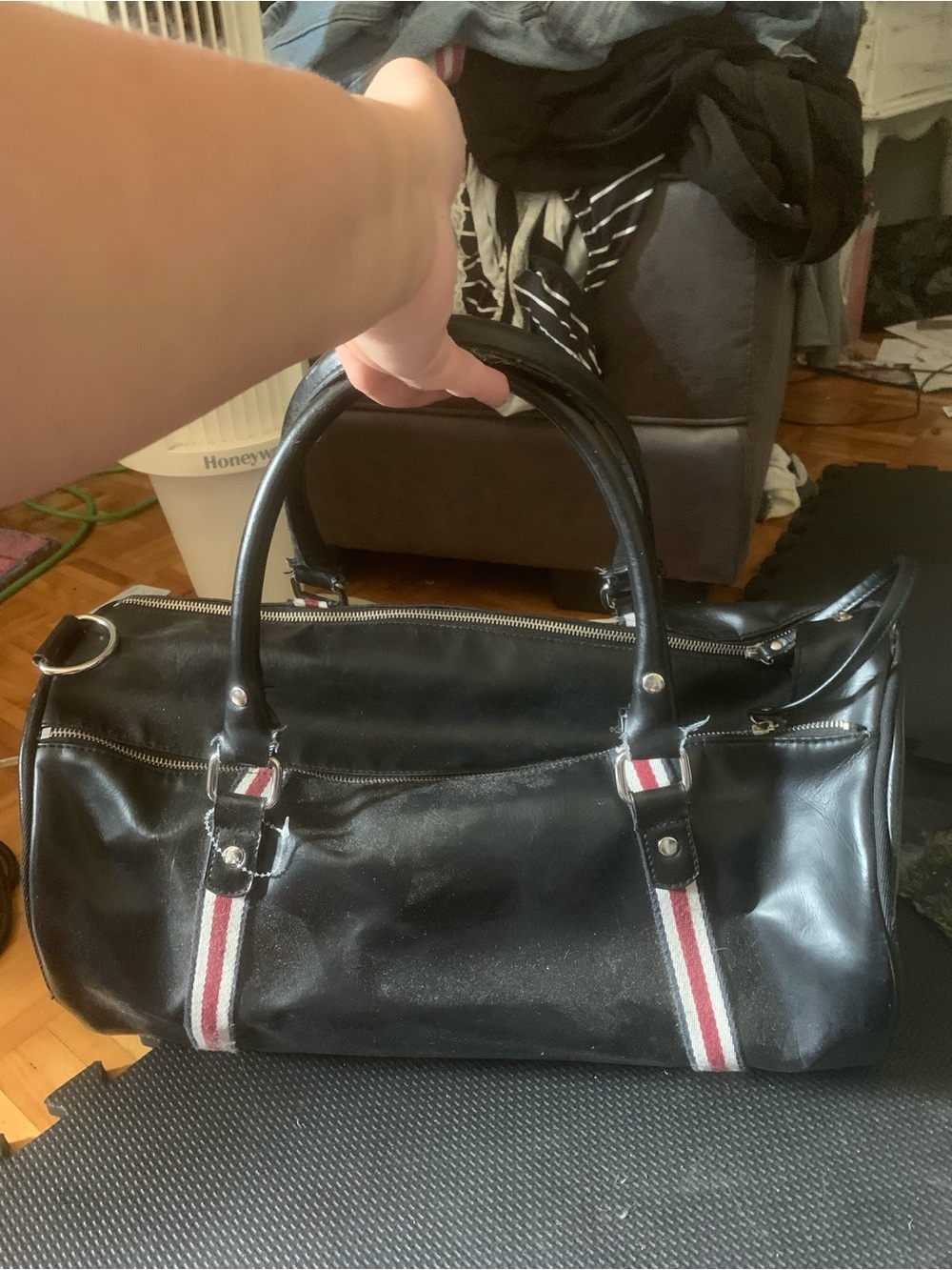Ben Sherman Black Tote with Red and White Stripe Webbing - Picture 2 of 6